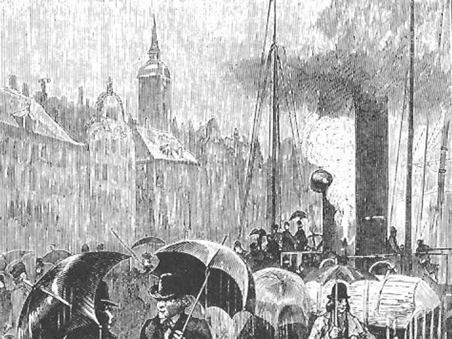 The image shows a black and white illustration of people walking in the rain with umbrellas,...