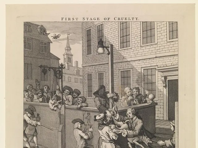 The image shows a group of people and animals gathered around a building with windows, a light...