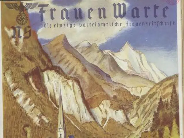 The image shows an old German travel poster from the 1930s depicting a small town nestled in the...