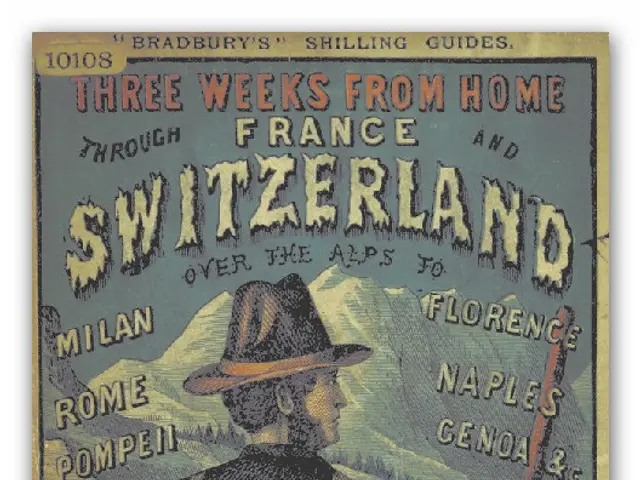 The image shows a poster of a person wearing a hat and holding a suitcase, with the words "Three...