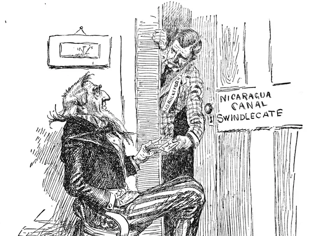 The image shows a cartoon of a man sitting on a chair in front of a door, with another person...