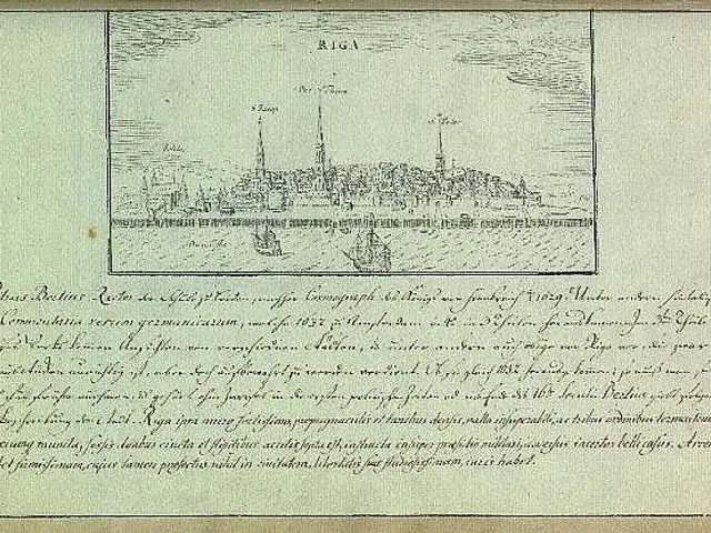 The image shows an old document with a drawing of a city on it, which is believed to be a map of...
