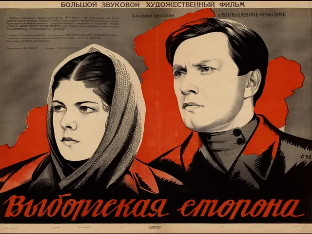 The image shows a Russian propaganda poster for the Soviet Union featuring a man and a woman. The...