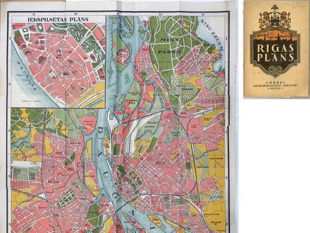 The image shows an old map of the city of Riga, Latvia, with text and a logo on the right side. The...