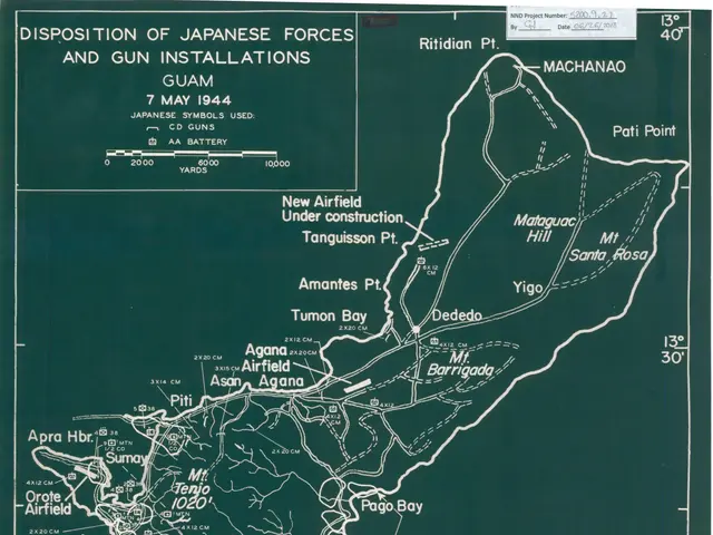 The image shows a green poster with a map of the Japanese Forces and Gun Installations. The map is...