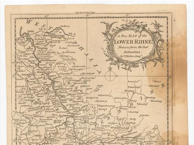 The image shows an old map of the lower rhine, with text written on it. The map is detailed,...