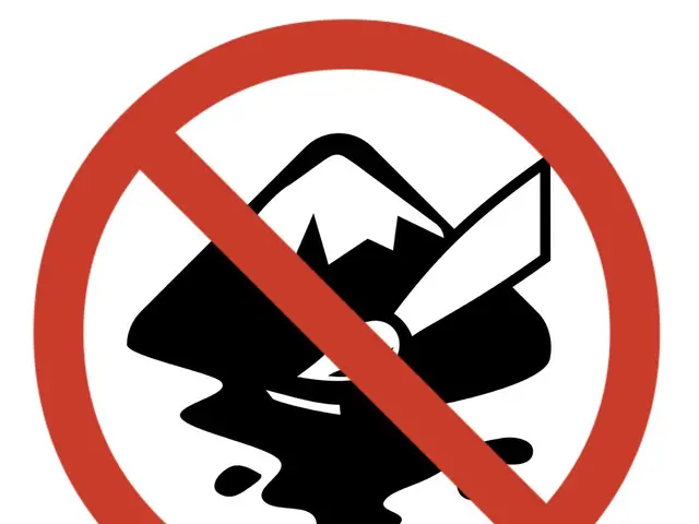 The image shows a red and white sign with a knife in the middle of it, set against a white...