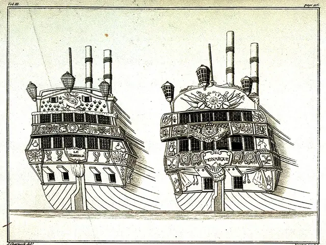 The image shows a paper with a drawing of two ships on it, with stern views of the terrible and...