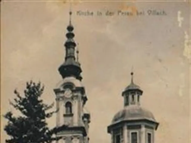 The image shows an old black and white photo of a church with a clock tower, surrounded by trees,...