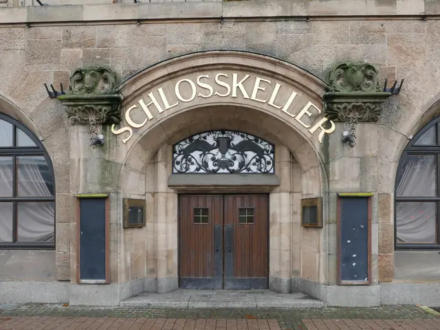 The image shows a building with a sign that reads "Schlosskeller" on the side of it. The building...