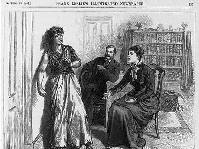 The image shows a black and white illustration of a woman in a dress and a man in a suit talking to...