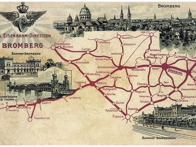 The image shows a poster of a map of the city of Bromberg, Germany, with buildings, trees, a...