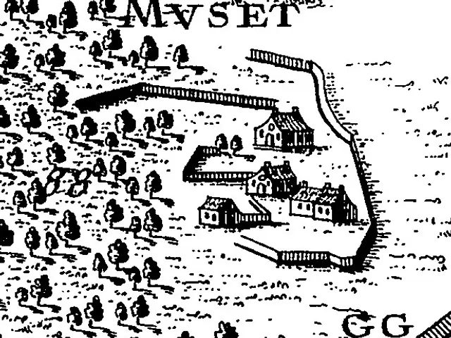 The image shows a black and white drawing of a map of a small town with houses, trees, and text....