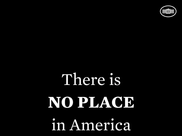 The image shows a black background with white text that reads "There is no place in America for...
