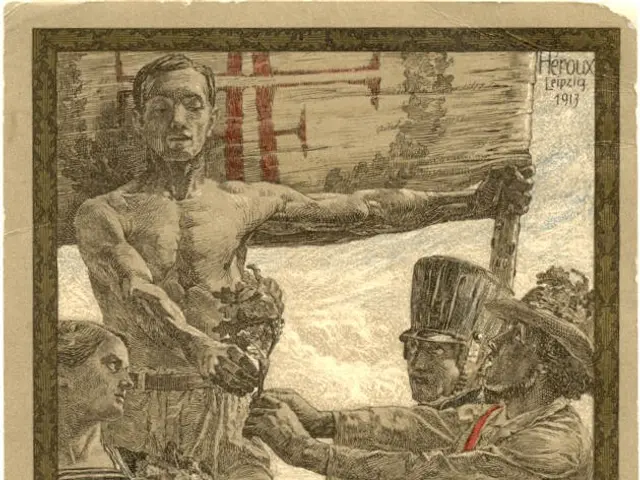 The image shows a poster for the Zwolffes Deutsches Turnfest Leipzig 1913, featuring a group of...