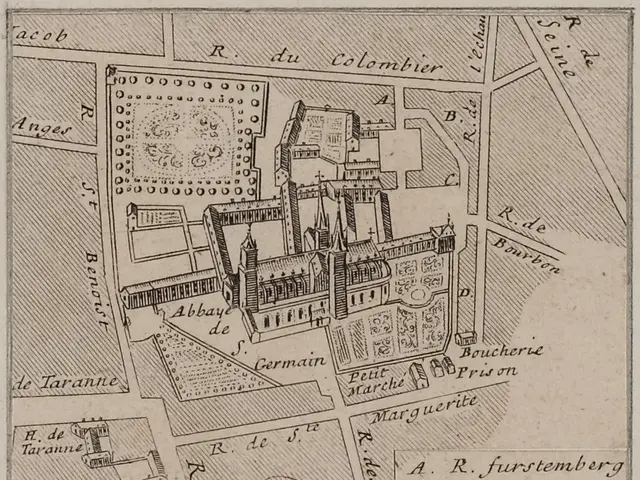 The image shows an old map of a city with a building in the center. The paper has text written on...