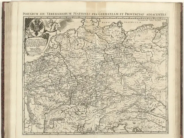 The image shows an open book with a map of Germany on it. The map is detailed and shows various...