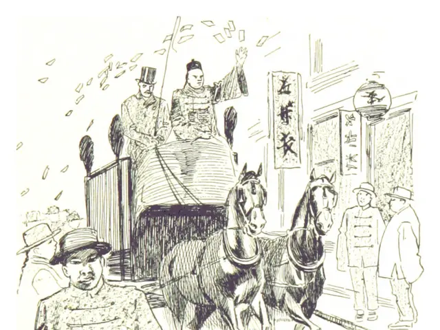 The image shows a drawing of a Chinese funeral, with a horse-drawn carriage in the foreground and a...