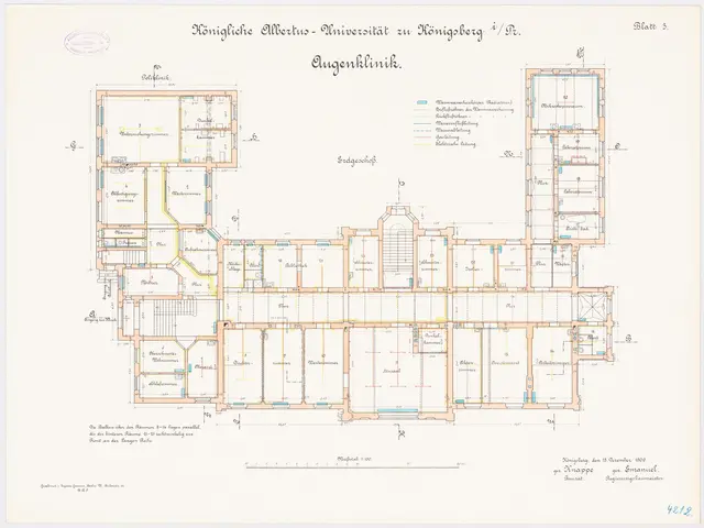 The image shows a drawing of a floor plan of a building with a lot of rooms, which is identified as...