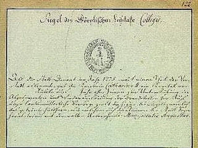 The image shows an old document with a drawing of a street scene, featuring a pole with a flag,...