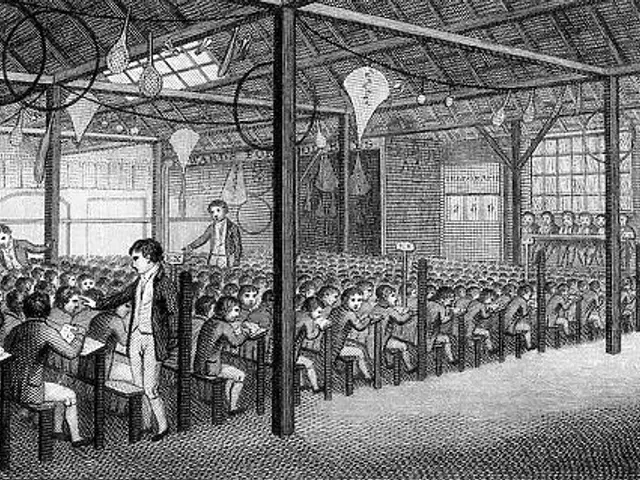 The image shows a black and white drawing of a classroom full of people, with some sitting on...