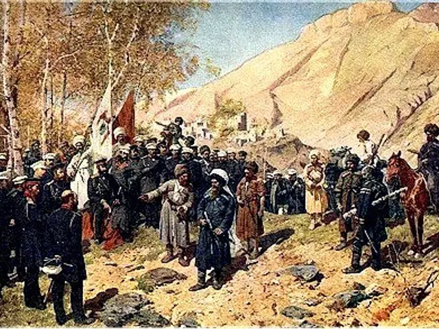 The image shows a painting of a group of people standing in front of a mountain, with some of them...