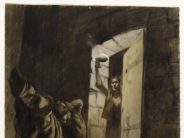 The image shows a black and white drawing of two men standing in front of a door, with a wall in...