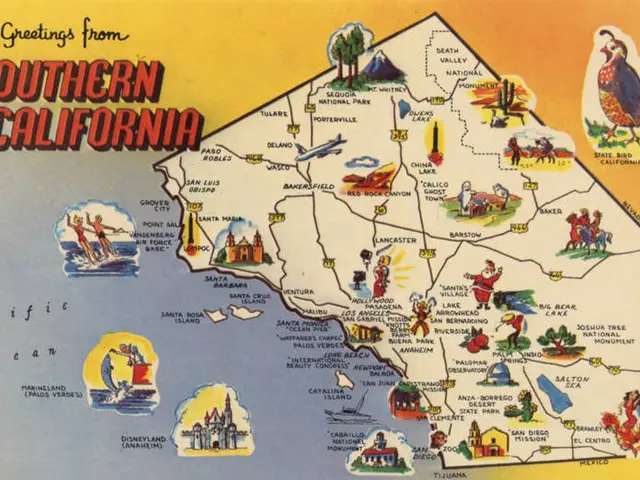 The image shows a poster with a map of Southern California, featuring pictures and text. The map is...