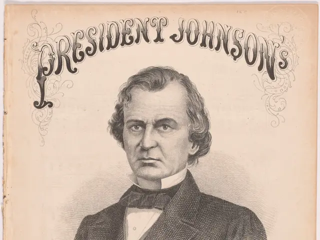 The image shows a poster of President Johnson's Grand Union March, featuring a portrait of him in...