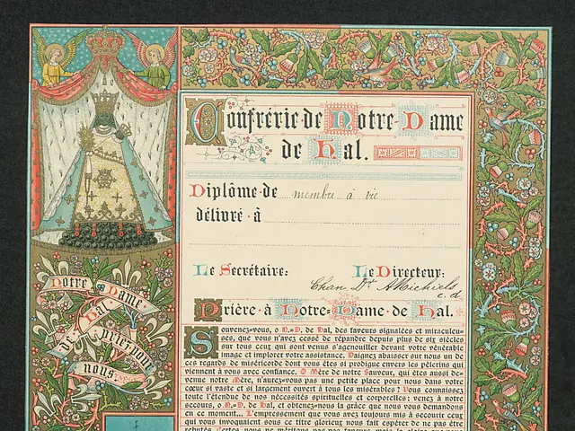 The image shows an old document with a picture of a church in the background, framed in a photo...