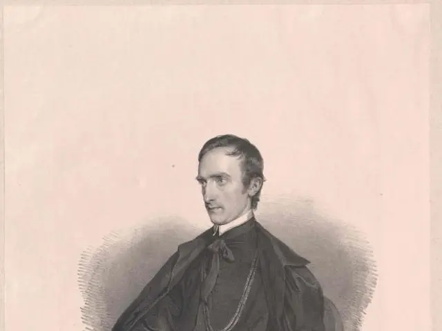 The image shows an engraving of a man in a black robe sitting in a chair, holding a book in his...