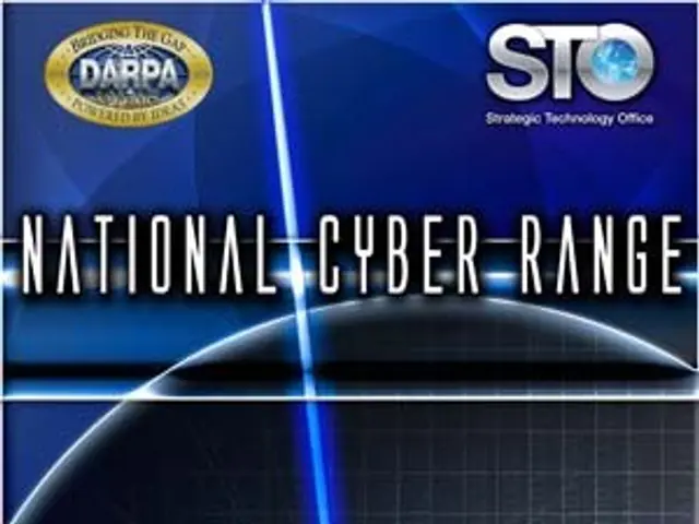 The image shows a poster with the words "National Cyber Range" written in bold, white lettering...