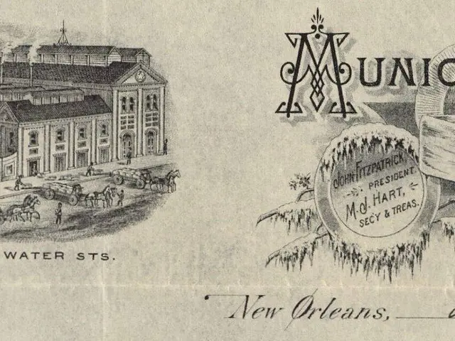 The image shows an old advertisement for a municipal company in New Orleans, Louisiana. It features...