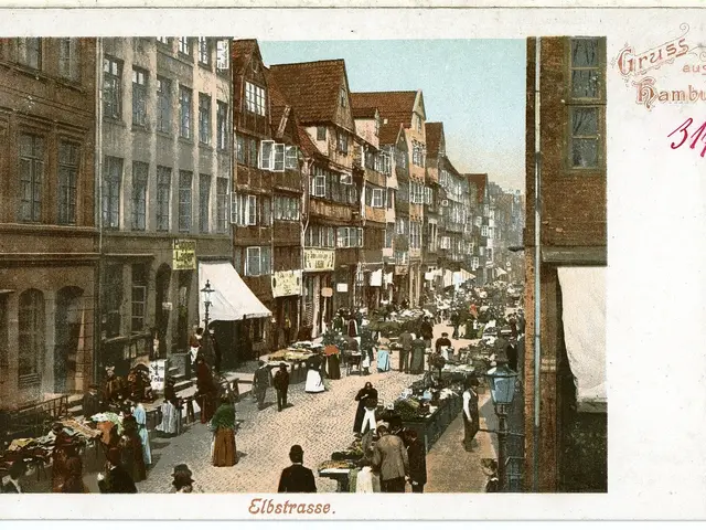 The image shows an old postcard of a bustling street scene in Hamburg, Germany. There are many...