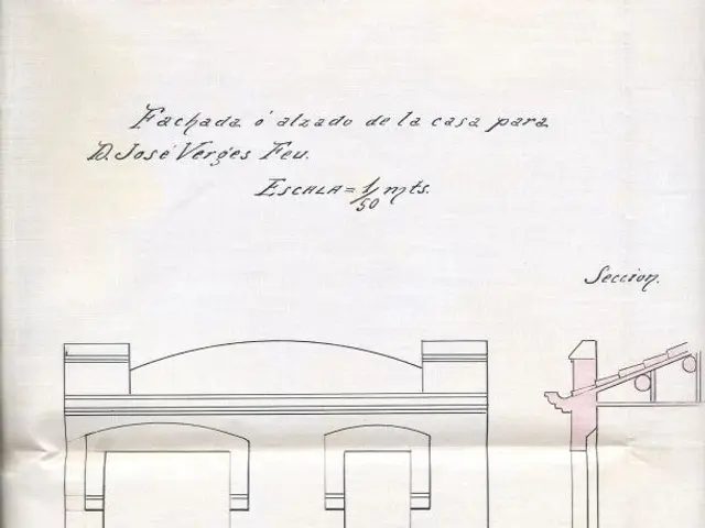 The image shows an old book with a drawing of a building on it, along with some text and a stamp....