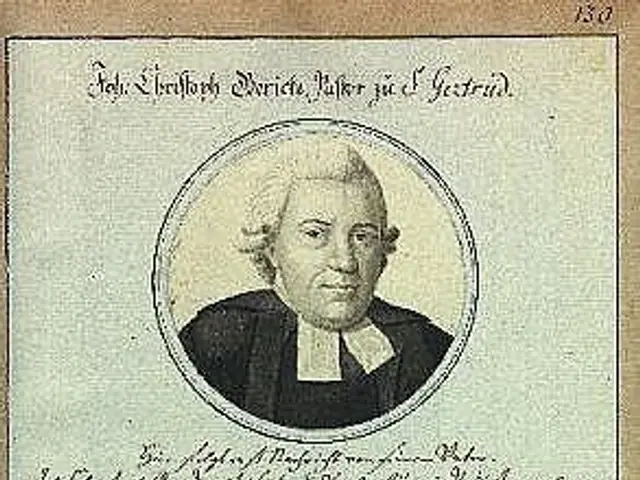 The image shows an old document with a portrait of a man in a black robe, identified as Johann...