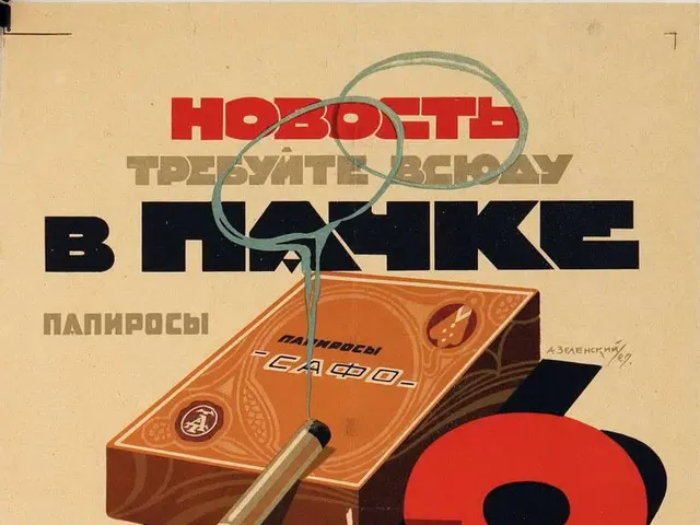 The image shows a Russian propaganda poster for the Soviet Union featuring a cigarette and a box of...