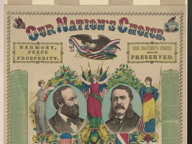 The image shows a poster with pictures of people and text that reads "Our Nation's Choice: Harmony,...