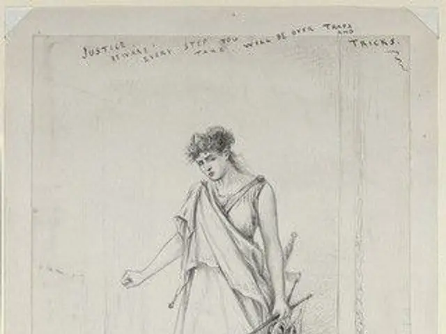 The image shows a drawing of a woman standing next to a man lying on the ground. The woman is...