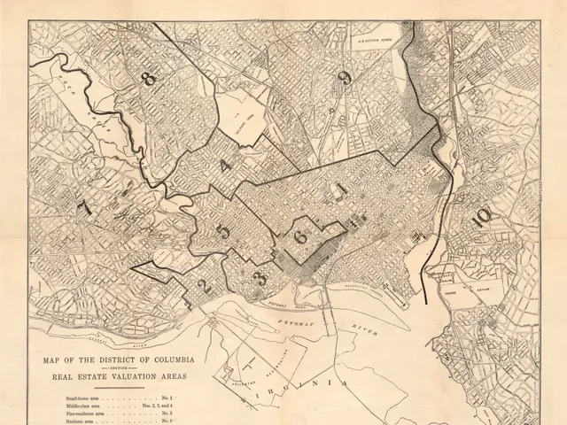 The image shows an old map of the district of Columbia, with text and numbers indicating the real...