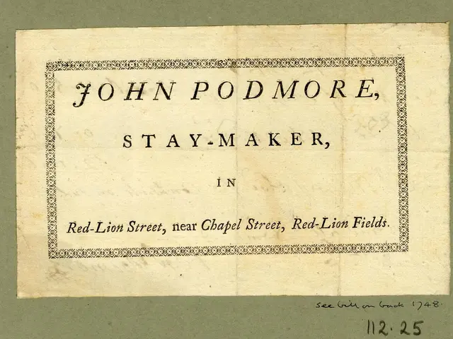 The image shows a paper with the text "John Podmore, Stay-Maker, in Red Lion Street, near Chapel...