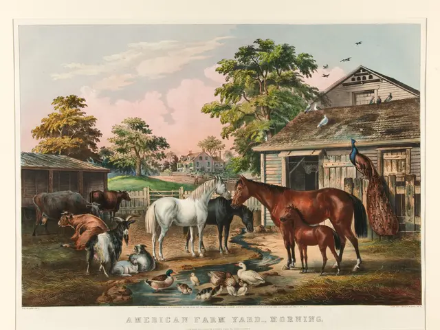 The image shows an American farm yard morning, with a variety of animals, birds, and houses in the...
