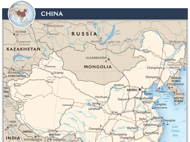 The image shows a poster of a political map of China, with text and a logo. The map is detailed,...