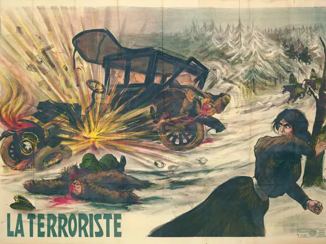 The image shows a movie poster for the film La Terroriste, depicting a chaotic scene of people,...