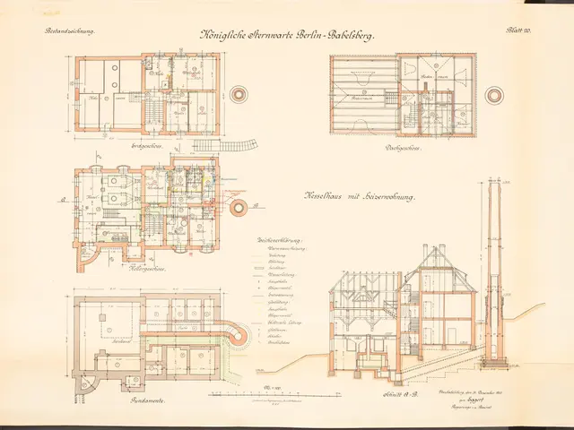 The image shows an old book with a drawing of a building on it, which is the original plan of the...