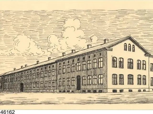 The image shows a drawing of a large building with windows, smoke coming out of it, and text at the...