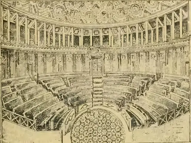 The image shows a drawing of a large auditorium with rows of seats, railings, and designs on the...