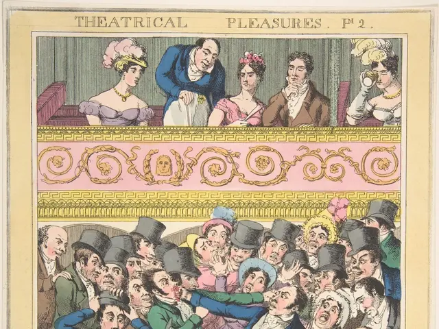 The image shows a poster with a drawing of a group of people in a theater, with the words...