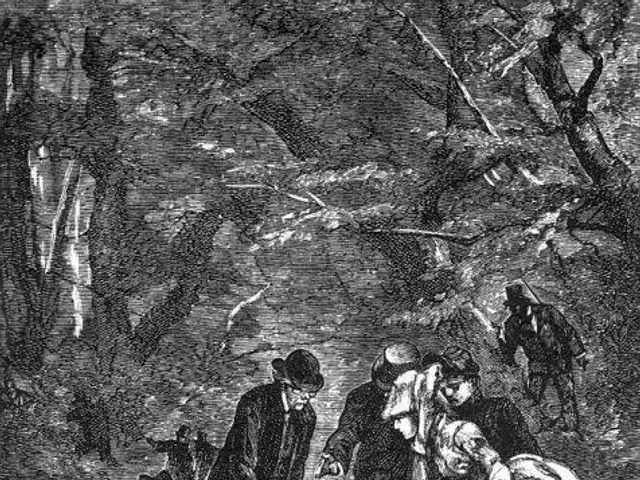 The image shows a black and white illustration of a group of people in the woods, with trees in the...