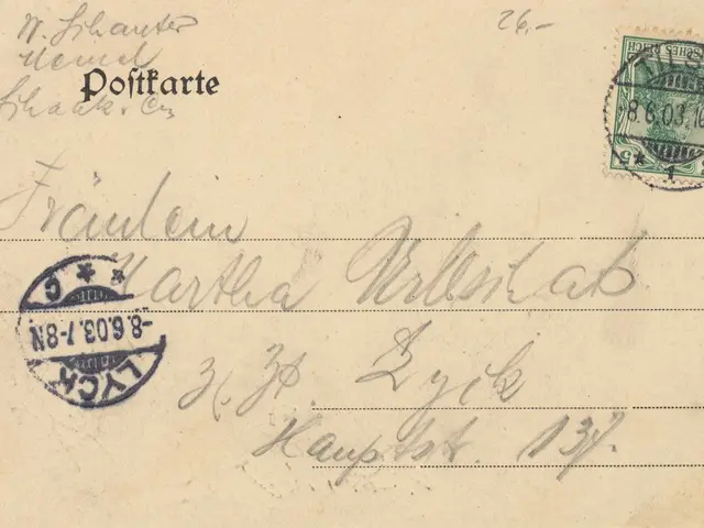 The image shows an old envelope with a stamp on it, which is an old postcard from Germany with the...